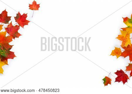 Frame Of Autumnal Maple Leaves On A White Background With Space For Text. Top View, Flat Lay