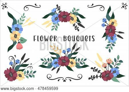 Set Of Floral Elegant Bouguets. Hand Draw Floristic Templates With Bunch Of Wildflowers, Blooming Wr