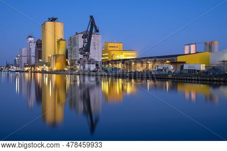 Hamm, Germany - February 28, 2023: Port Of Hamm During Blue Hour With Water Reflection On February 2