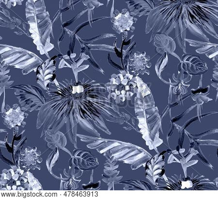Blue Monochrome Seamless Pattern With Multicolored Tropical Flowers And Leaves For Summer Textile