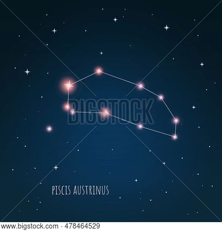 Constellation Piscis Austrinus Scheme In Starry Sky. Open Space. Vector Illustration Piscis Austrinu