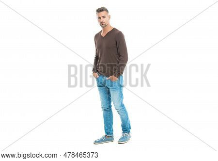 Well Looking Man In Casual Style Menswear. Man Wear Casual Menswear Isolated On White. Urban Mature 