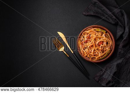 Delicious Asian Udon Dish With Vegetables, Mushrooms, Salt And Spices