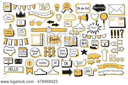 Journal Doodle Icons Set. Hand Drawn Banners And Elements For Notebook, Diary And Planner. Doodle Sc