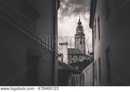 View Of A Cstle Tower Through The Narrow Street Of Cesky Krumlov