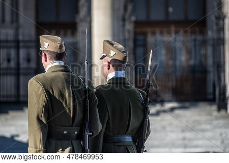 Guard Of Honor In The Kossuth Lajos Square (kossuth Lajos Ter) At Hungarian Parliament Building In B