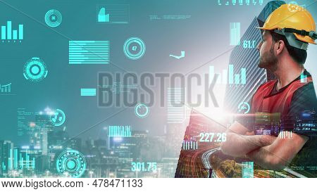 Future Building Construction And Inventive Engineering Project Concept With Hud Hologram Graphic Des
