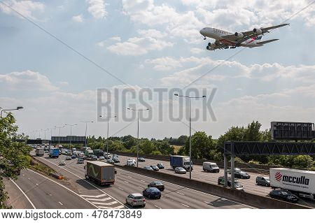 London, Uk - June 14, 2023: Huge Passenger Plane Airubs A380 Emirates Airlines Approaching To London