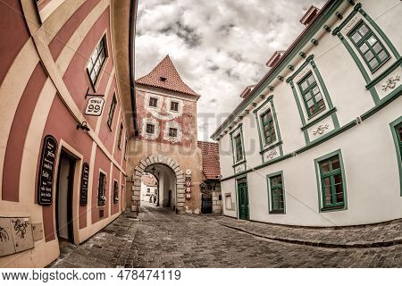 Budejovicka Gate At Latran Street. Cesky Krumlov, Czech Republic. May, 20, 2017