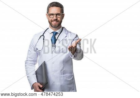 Doctor Offering Emedicine In Studio, Banner. Doctor Presenting Emedicine