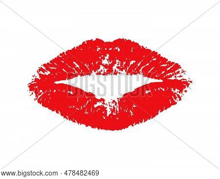 Imprint Red Lips. Lipstick Red Print Isolated On White Background. Imprint Pomade. Beautiful Kiss Fo
