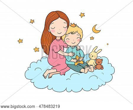A Woman And A Child Are Sitting On A Cloud. Mom And Son. Brother And Sister. The Girl Hugs The Boy. 