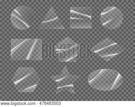Transparent Stickers Or Patches Mockup. Realistic 3d Vector Set Of Plastic Or Pvc Shrunken Labels Ro