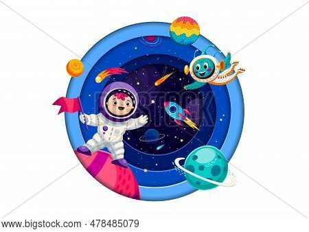 Space Paper Cut Banner With Cartoon Kid Astronaut, Alien, Rocket And Starry Galaxy. 3d Vector Round 