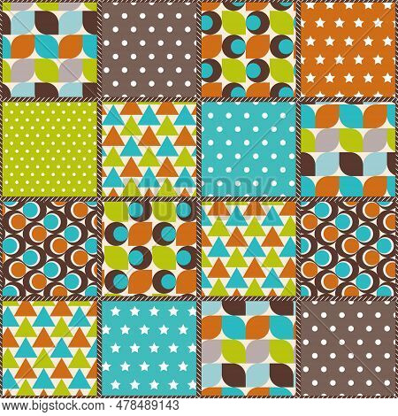 Mid Century Modern Patchwork Pattern. Quilt Design From Stitched Squares. Colorful Background For Be