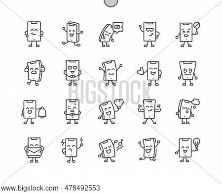 Smartphone Character. Cute And Funny Device. Gadget Emotions. Pixel Perfect Vector Thin Line Icons. 