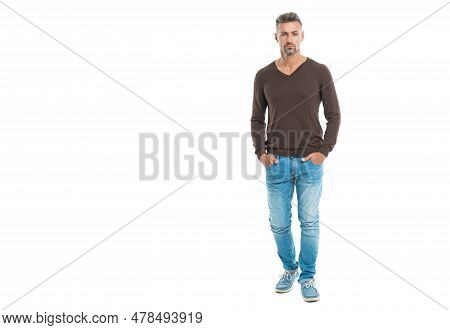 Well Looking Man In Casual Style Menswear, Copy Space. Man Wearing Casual Menswear Isolated On White