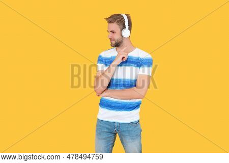 Millennial Estudy Man Elearning In Audio Headphones Or Listen Music Having Modern Lifestyle Isolated