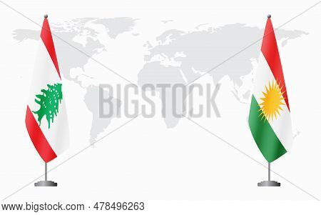 Lebanon And Kurdistan Flags For Official Meeting Against Background Of World Map.