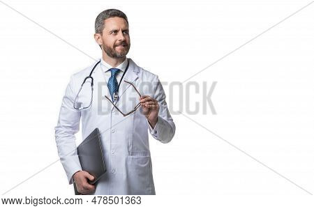 Doctor Promoting Emedicine Isolated On White, Copy Space. Doctor Offering Emedicine