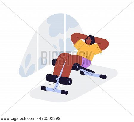 Doing Crunches, Sit-ups With Ab Bench. Black Woman Training Abdominal Muscles, Core Strength And Pow