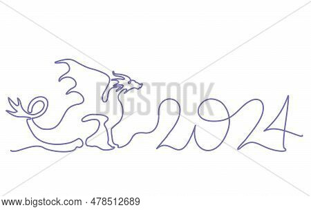 2024 One Line Art, Hand Drawn Continuous Contour. Continuous One Line Drawing Dragon. Year Of The Dr
