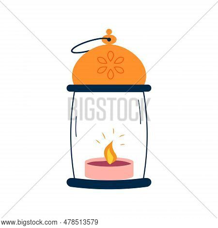 Latern With Glow Flame Shine Candle, Old Lassic Antique Style, Icon Vector Object Symbol.