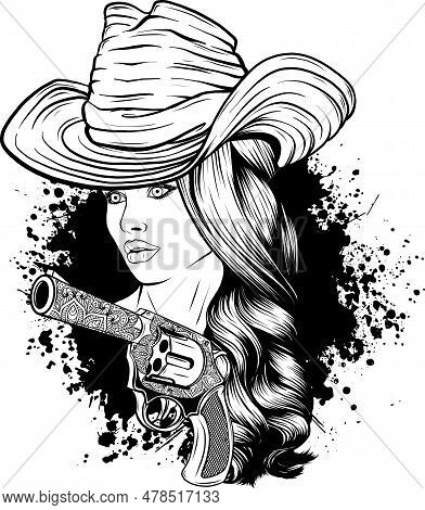 Vector Cowgirl In Black And White Outline