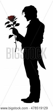Silhouette Of A Man With A Rose Isolated On White Background. Gallant Young Man In A Tailcoat With A