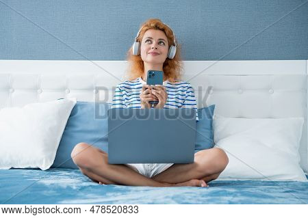 Happy Girl Has Education Online. Girl Estudy With Education Online At Home. Estudy Concept