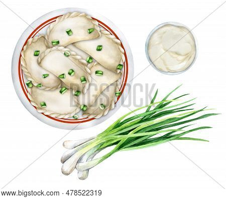 Ukrainian Dumplings (vareniki, Pirogi) With Sour Cream And Onion On A White Isolated Background. Wat