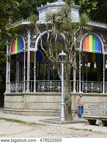 Santiago De Compostela, June 30, 2023. Gay Pride Day. Rainbow Flag On The Music Bandstand In The Cit