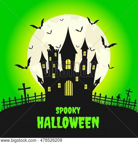Spooky Halloween Background With Casttle.bats On The Background Of The Full Moon.halloween Design.ve