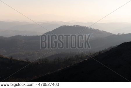 Mountain Landscape With Mountain Layers Fading In Distance, View From Mountain Ljubic Near Prnjavor