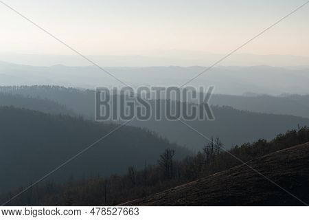 Landscape Of Mountain Layers In Haze, Fading In Distance, View From Mountain Ljubic Near Prnjavor