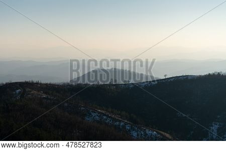 Mountain Landscape With Mountain Layers Fading In Distance, View From Mountain Ljubic Near Prnjavor