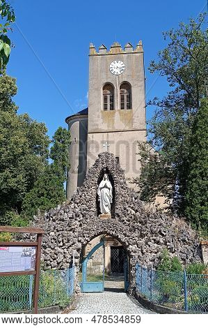 Naklo, Czech Republic, June 26, 2023: St. George's Church In Naklo With Stone Portal From 1698 With 