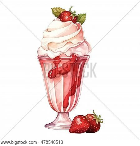 Watercolor Strawberry Milkshake Or Frappe Decorated With Cream, Strawberries Isolated On White Backg