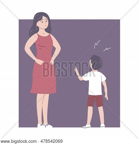 Little Child Is Rude To Mother. Family Conflict. Disobedient Son With Bad Behavior. Problem For The 