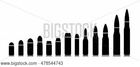 Black Bullets Silhouettes Set. Ammunition For Weapons, Shotgun, Pistols And Riffles. Template, Layou