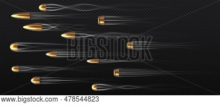 Bullets In Motion Concept. Shots From Shotgun, Automatic And Sniper Riffle And Pistol. War And Armed