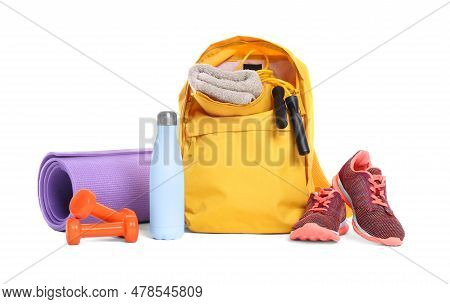Backpack With Sports Equipment On White Background