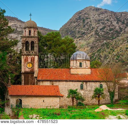 View Of Ancient Orthodox Church Of St Peter And Paul. Religious Architecture Montenegro Risan Town.