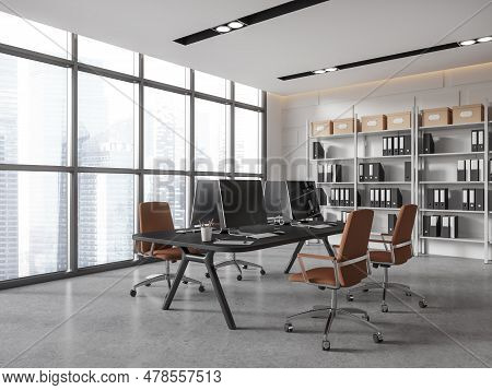 Stylish Workspace Interior With Armchairs And Pc Computer On A Shared Desk, Side View Shelf With Arc