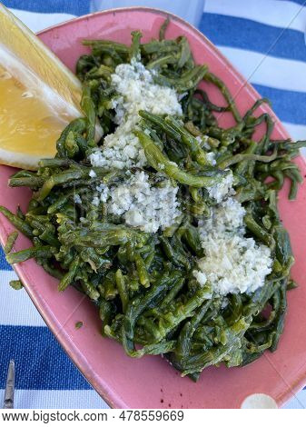 Samphire A Coastal Herb Also Known As Sea Beans Glasswort Pickleweed Or Salicornia Garlic Salad. Den
