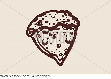 Triangle Pizza Slice With Melted Cheese And Pepperoni. Cartoon Sticker In Comic Style With Contour. 