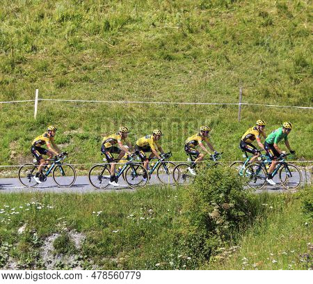 Col De La Madeleine, France - August 24, 2020: Team Jumbo-visma With Primoz Roglic In Yellow Jersey 