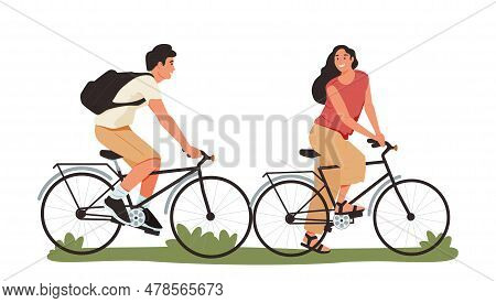 Man And Woman - Romantic Dates Of A Couple. The Couple Ride Bicycles. Flat Cartoon Colorful Vector I