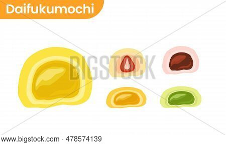 Set Of Mochi Cake, Daifukumochi Or Daifuku Japanese Confection Consisting Vector Illustration.