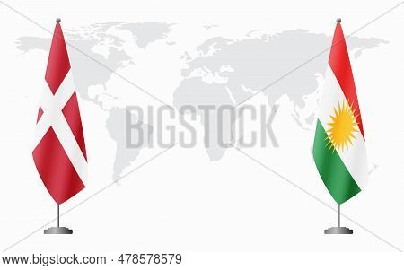 Denmark And Kurdistan Flags For Official Meeting Against Background Of World Map.
